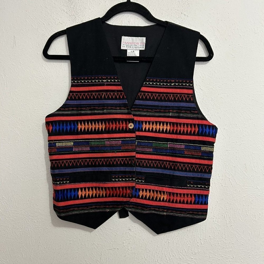 Passports Pier 1 Imports VEST 100% Cotton Black Red Embroidered Southwest Size M